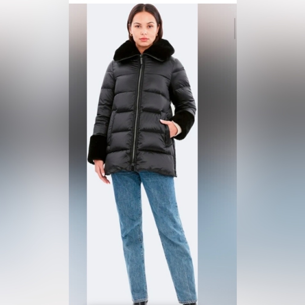 NWT Dawn Levy Alyssa Genuine Shearling Collar Quilted Hooded Jacket, Black, M